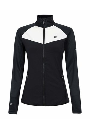 Schwarz-weiße Zip-up-Jacke mit hohem Kragen. Hat ein Chevron-Design, strukturierte schwarze Ärmel und seitliche Taschen. Logo auf der Brust.
