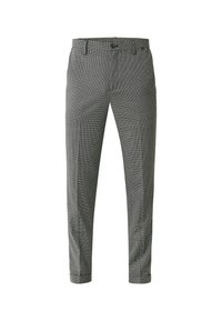 Šedé kostkované kalhoty s přiléhavým střihem, vyrobené z texturované tkaniny, s páskem na knoflík a ohrnutými lemy.