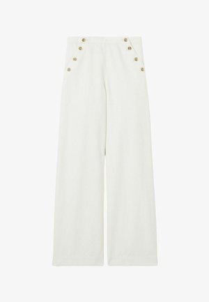 Pantalon blanc taille haute à jambes larges avec des boutons dorés décoratifs disposés en deux rangées diagonales sur les poches avant.
