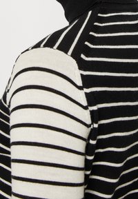 Schwarz-weißer gestreifter Pullover mit hohem Kragen; wechselnde dicke und dünne Streifen; weiche Stricktextur; detaillierte Schulternaht.