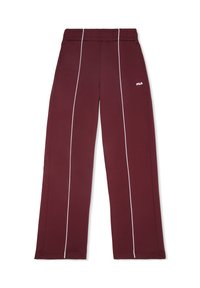 Pantaloni sportivi bordeaux con gamba ampia, dotati di strisce laterali bianche e vita elastica. Logo Fila bianco sulla parte frontale.