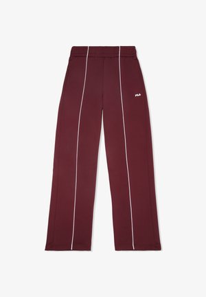 Bordeauxfarbene Sporthose mit weitem Bein, ausgestattet mit weißen Seitenstreifen und einem elastischen Bund. Fila-Logo in Weiß an der Vorderseite.