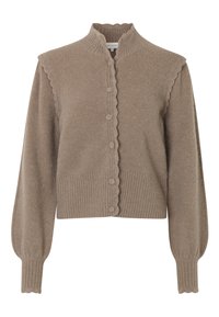 Beige wollen cardigan met een ribbelzoom, geschulpte kraag en een gestructureerde knopenlijst. Voorzien van lange mouwen met geschulpte manchetten.
