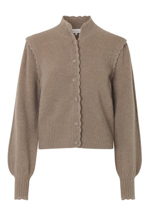 Cardigan in lana beige con orlo a coste, colletto ondulato e bottoni testurizzati. Presenta maniche lunghe con polsini ondulati.