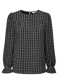 Blusa nera con motivo a rete bianca, maniche lunghe a sbuffo, polsini arricciati e scollo rotondo. Tessuto leggero con una texture liscia.