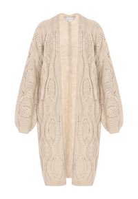 Béžový pletený cardigan s otevřeným předním dílem, oversized rukávy a diamantovým vzorem. Vyroben z měkké příze, s propracovanými krajkovými detaily.