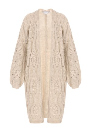 Beige knitted cardigan with open front, oversized sleeves, and diamond pattern. Made from soft yarn, featuring intricate lace details.