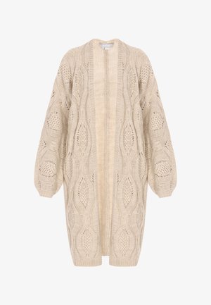 Beige kötött kardigán nyitott elülső résszel, túlméretezett ujjakkal és gyémánt mintával. Puha fonalból készült, bonyolult csipke részletekkel.