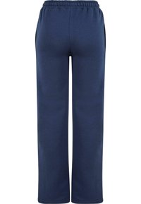 Pantalones de chándal azul marino hechos de una tela suave, con una cinturilla elástica, dos bolsillos laterales y un diseño de pierna holgada.