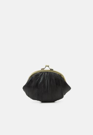 Black leather coin purse with pleated texture, rounded shape, and a gold metal clasp closure. Compact and versatile design.