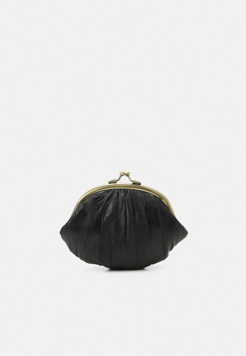 Black leather coin purse with pleated texture, rounded shape, and a gold metal clasp closure. Compact and versatile design.
