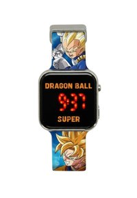 Digitaal horloge met een zwart vierkant scherm dat de tijd in rode cijfers weergeeft. De band heeft levendige illustraties van personages uit Dragon Ball Super.