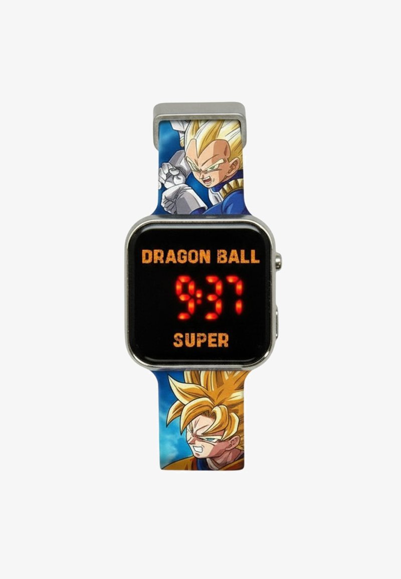 Digitaal horloge met een zwart vierkant scherm dat de tijd in rode cijfers weergeeft. De band heeft levendige illustraties van personages uit Dragon Ball Super.