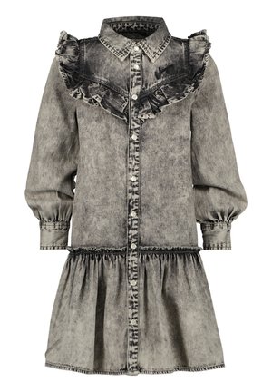 Jeansowa sukienka w wyblakłym czarnym kolorze z falbaniastym kołnierzykiem i mankietami, zapinana na guziki, z długimi rękawami i marszczoną talią, tworzącą rozszerzaną spódnicę.