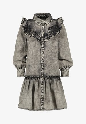 Denimkjole i falmet sort med flæsekrave og -manchetter, knaplukning foran, lange ærmer og samlet talje for en glidende skørt.