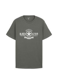 T-shirt in cotone verde oliva con maniche corte, scollatura rotonda e grafica stampata bianca che presenta una stella e un testo di branding.