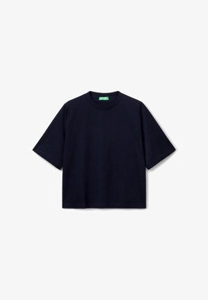 Navyblauwe katoenen T-shirt met korte mouwen, ronde halslijn en een ontspannen fit. Gladde textuur en minimalistisch ontwerp, geen patronen of accenten.