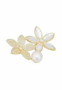 Gold-tone floral brooch featuring three flowers with white pearls, clear crystals, and a textured design on petal edges.