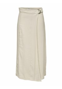 Helle beige Wickelröcke mit einem Gürtel, der einen runden Metallring aufweist. Hergestellt aus weichem Stoff, hat er eine glatte Textur und eine gerade Silhouette.