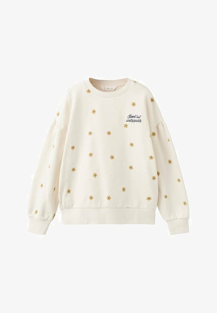 Svetlo krémová mikina so žltou kvetinovou výšivkou roztrúsenou po celej ploche, rebrovaný výstrih a manžety, elastický pás. Jemná textúra látky.