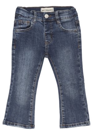 Jeans in denim blu scuro con apertura a zampa d'elefante, tasche frontali e chiusura a bottone. Presentano cuciture in contrasto e un'etichetta con il marchio sulla cintura.