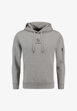 Světlé šedé mikina s kapucí se šňůrkami, přední kapsa, černé logo „Key Largo“ na hrudi a kapsa na zip na levém rukávu.