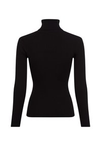 Schwarzer gerippter Rollkragenpullover mit langen Ärmeln und tailliertem Schnitt. Die Stofftextur ist glatt mit vertikalen Rippendetails.