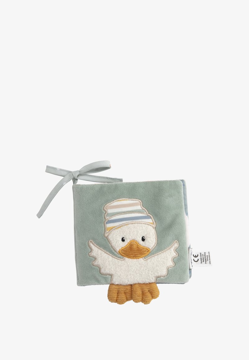 Soft fabric book in light green, featuring a duck design with white flannel wings, a striped hat, and textured orange feet. Tied with a ribbon.