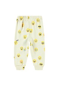 Pantaloni della pigiama giallo chiaro con vita elastica, caratterizzati da motivi di emoji assortiti, tra cui facce e un orso, realizzati in un tessuto morbido.