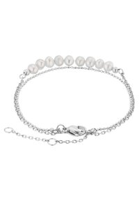 Sølv armbånd med uregelmessige hvite perler langs en delikat kjede. Justerbar lengde med lås i form av hummer og perle-detaljer.