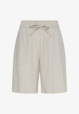 Világos bézs színű, laza szabású rövidnadrág elasztikus derékpánttal és elöl zsinóros megkötéssel, térdig érő, könnyű anyagból készült.