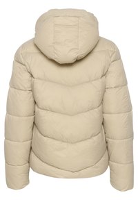 Pieskový prešívaný kabát s kapucňou. Obsahuje prešité sekcie a elastické manžety. Hladký povrch s jemným, ľahkým vzhľadom.