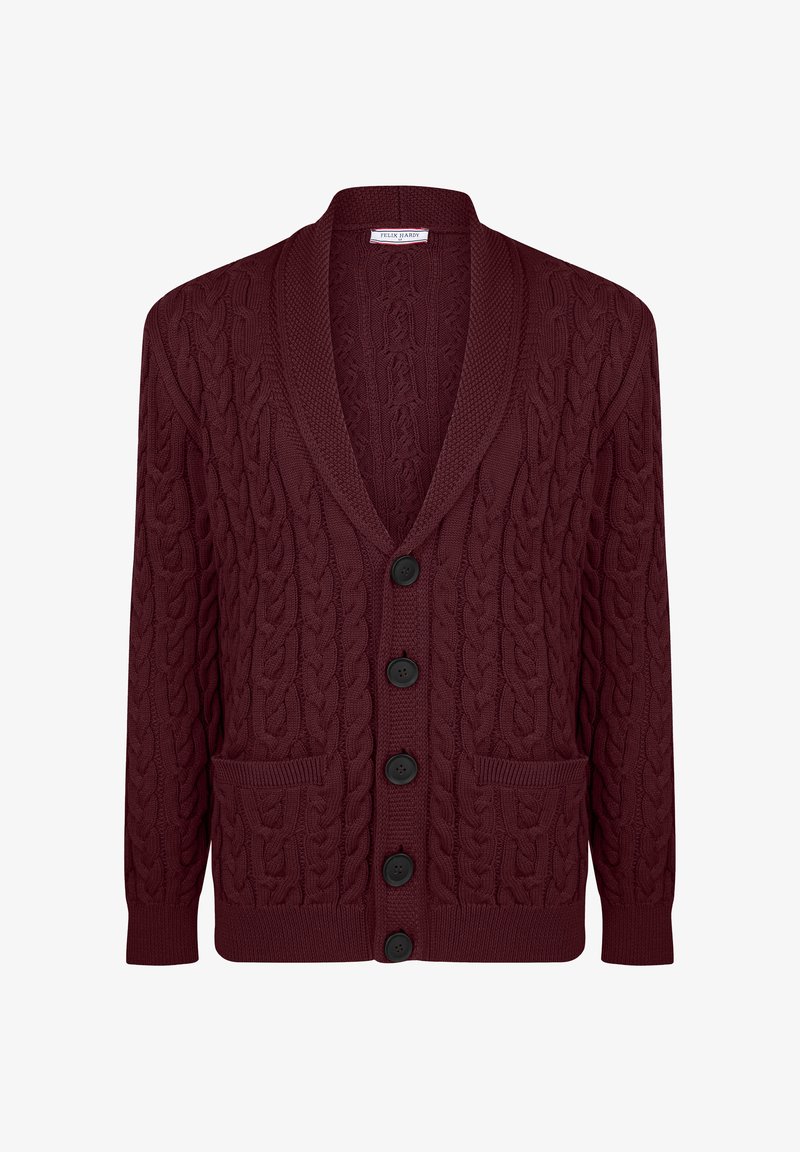 Bordeaux gebreide cardigan met een getextureerd kabelpatroon, voorzien van een sjawlboord, vijf zwarte knopen en twee voorzakken.