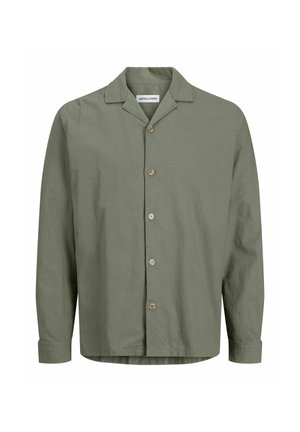 Olijfgroene blouse met knopen, kraag, lange mouwen en een losse pasvorm. Gekenmerkt door natuurlijke knopen en een zachte, gestructureerde stof.