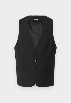 Schwarze, taillierte Herrenweste mit V-Ausschnitt, fünf Knöpfen und zwei Fronttaschen. Glattes Material mit einem eleganten, strukturierten Design.