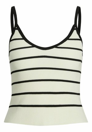 Rebrasti majica bez rukava u svijetlo krem boji s crnim horizontalnim prugama, s tankim naramenicama i blago proširenim rubom.