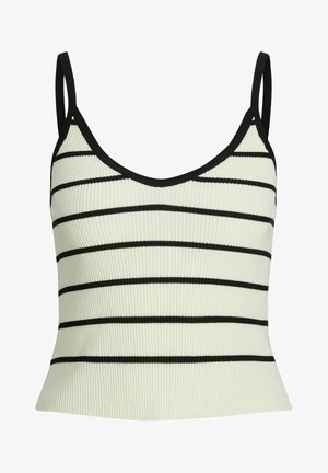 Rebrasti majica bez rukava u svijetlo krem boji s crnim horizontalnim prugama, s tankim naramenicama i blago proširenim rubom.
