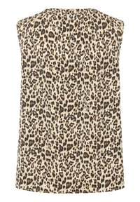 Top senza maniche realizzato in tessuto beige con un motivo a stampa leopardata nera e marrone. Morbida texture con dettagli arricciati sul colletto.