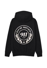 Black hoodie with large white circular logo on the back reading "Pas de Monaco 911 Club" and laurel leaves inside the circle.