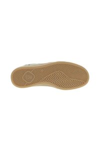 Gummisohle für Sneaker mit strukturiertem Fischgrätenmuster, in heller Tan-Farbe, ausgestattet mit einem zentralen Logo und geschwungenen Kanten für zusätzlichen Komfort.