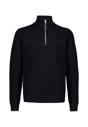 Czarny, teksturowany sweter dzianinowy z długimi rękawami, ściągaczami na mankietach i dole oraz srebrnym półzamkiem przy stójce.