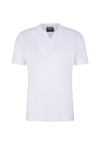 Weißes Poloshirt aus Baumwolle, mit V-Ausschnitt und kurzen Ärmeln. Glatte Textur ohne Muster oder sichtbare Hardware.