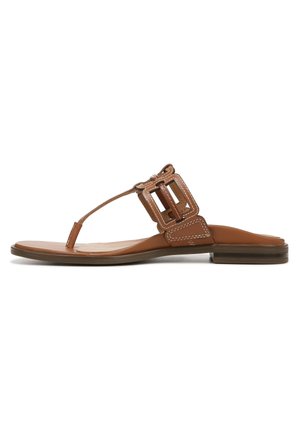 Brown leather thong sandal with a flat sole, featuring a square buckle accent and subtle stitching along the edges.
