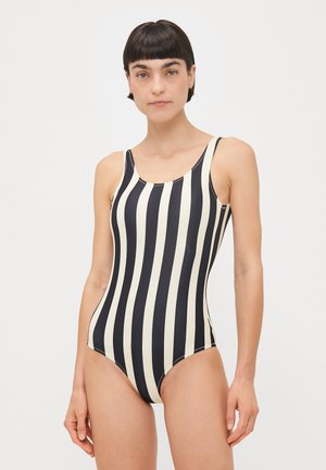 Black and cream striped one-piece swimsuit with a round neckline and thin shoulder straps. Made from a smooth, stretchy material.