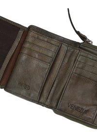 Green leather wallet featuring multiple card slots, a textured finish, and embossed branding: “RFID” and “VENEZIA.” Includes a zippered compartment.