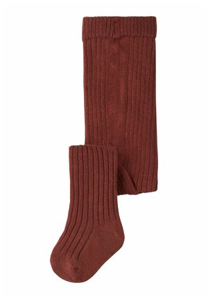 Chaussettes épaisses côtes hautes jusqu'au genou, de couleur rouge foncé, pliées avec la partie du pied visible sur fond blanc.