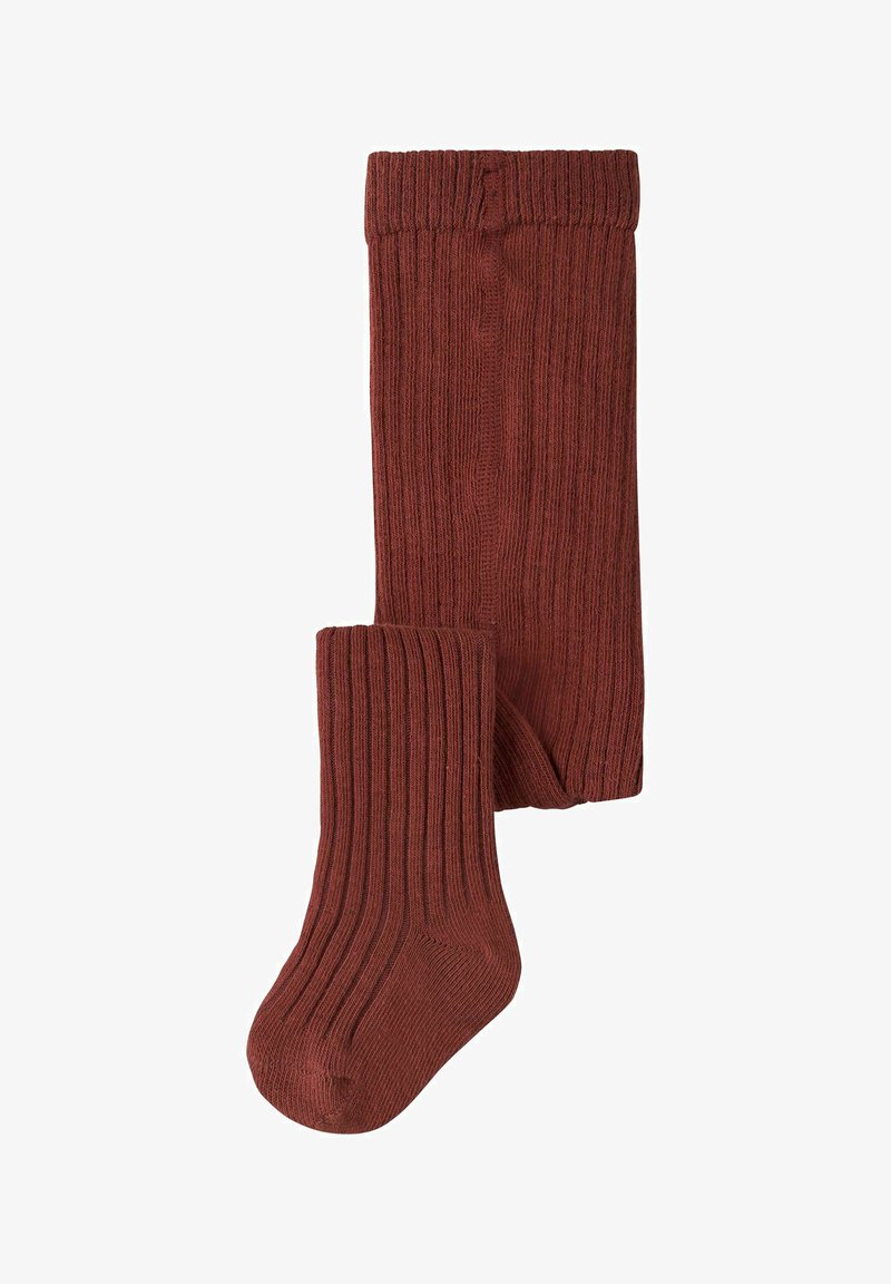 Chaussettes épaisses côtes hautes jusqu'au genou, de couleur rouge foncé, pliées avec la partie du pied visible sur fond blanc.