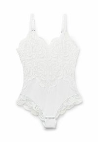 Witte bodysuit van kant en zacht stof, met een bloemenpatroon, golfrandjes, verstelbare bandjes en een knoopsluiting aan de onderkant.