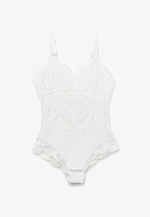 White bodysuit made of lace and soft fabric, featuring a floral pattern, scalloped edges, adjustable straps, and button closure at the bottom.