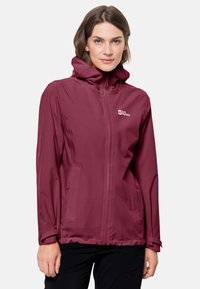 Maroon waterproof jacket with a hood; features a front zipper and two side pockets. Logo on the upper left side. Smooth texture.
